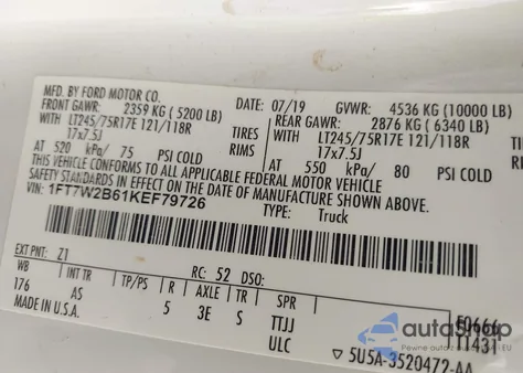 2019 Ford F-250 Xl z USA, uszkodzony, nr VIN 1FT7W2B61KEF79726